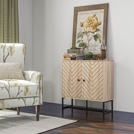 Buffet moderne avec 2 portes à chevrons et étagère réglable, meuble de rangement pour cuisine ou coin café, hauteur 80 cm, chêne. (1/5)