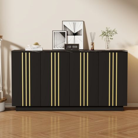Buffet 4 portes 140x35x70 noir or lignes dorées séparateurs réglables salon chambre rangement meuble déco (1/5)