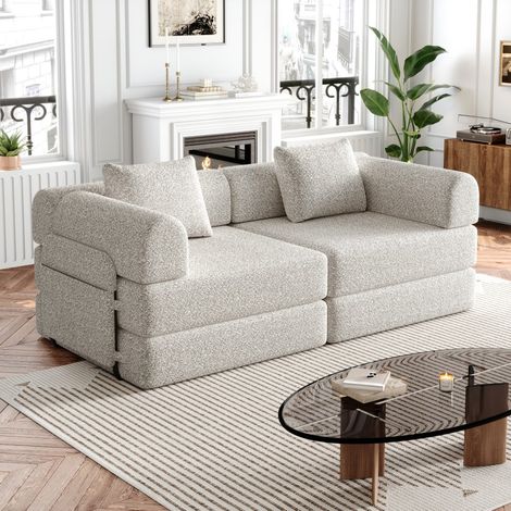 Divano letto 2 posti da salotto 183,8x91,4x69,8 cm - Modulare evolutivo 2 in 1 in tessuto chenille con vano portaoggetti nel bracciolo - Khaki