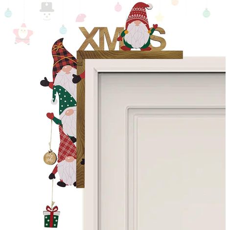 Lot de 2 déco cadre de porte Noël, gnome bois, autocollants ronds, angle, mur et fenêtre, intérieur (1/5)
