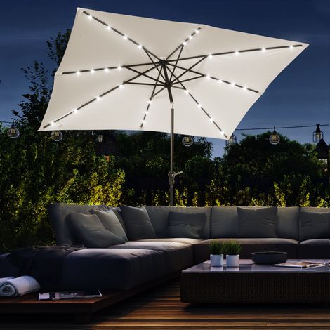 Gartenschirm, gerader Sonnenschirm, 3 x 2 m, beleuchtet, rechteckig, neigbar, Solar-LED-Sonnenschirm, Stahl, cremefarbenes Polyester