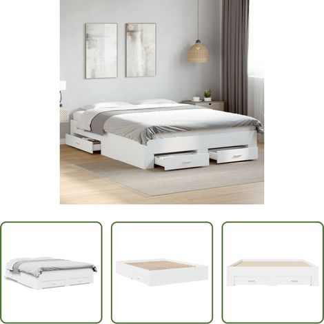 vidaXL Bois d'ingénierie -  Cadre de lit avec tiroirs sans matelas blanc 160x200 cm (1/5)