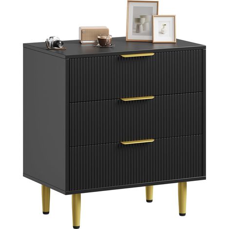 Commode Moderne Grand capacité – Ensemble Meuble Salon fluté 3 tiroirs – Bois, poignées et Pieds métal doré – pour Chambre, entrée, Salon – Noir, 71×43×76 cm, Trois tiroirs (1/5)