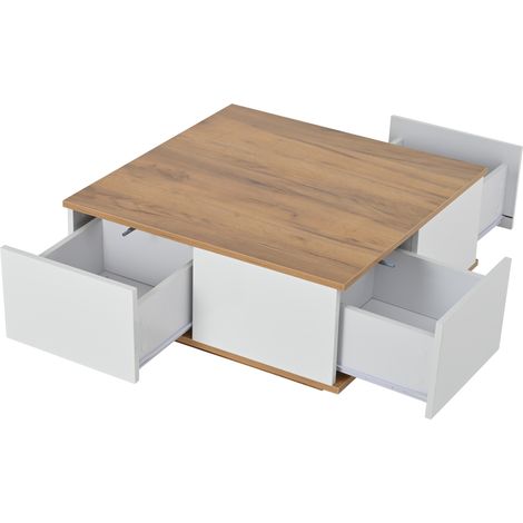 Mesa de centro cuadrada 70 x 70 x 31,5 cm con 3 cajones y espacio abierto, color blanco y madera (1/5)