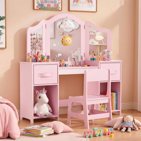 Coiffeuse Enfant 2 en 1, Coiffeuse Fille avec Miroir et Tabouret (1/5)