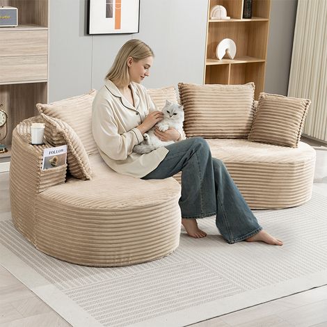 Canapé Courbé 3 Places 250x152x82 cm en Velours Côtelé Kaki avec 2 Porte-Gobelets, Poches Latérales et Coussins (1/5)