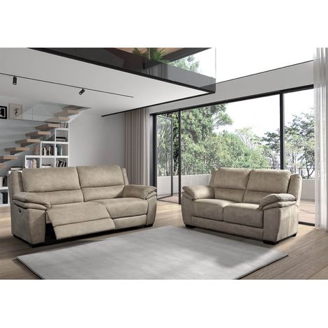 ASTIO - Canapé Relax Electrique 3 Places + Canapé 2 Places Fixe Tissu Beige (1/5)