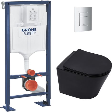 Grohe Pack WC Bâti Solido + WC sans bride SAT Noir mat + Abattant frein de chute + Plaque chrome (AUTOPORTANT-BLACKINFINITIO-1) (1/5)