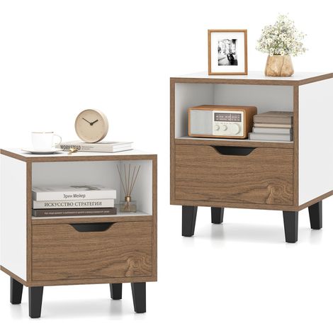 COSTWAY Set di 2 Comodini 37 x 33 x 44 cm, Tavolini da Letto con Cassetto, Scomparto Aperto e Gambe in Metallo, Mobile Laterale per Camera da Letto, Salotto e Soggiorno, Naturale e Bianco (2)