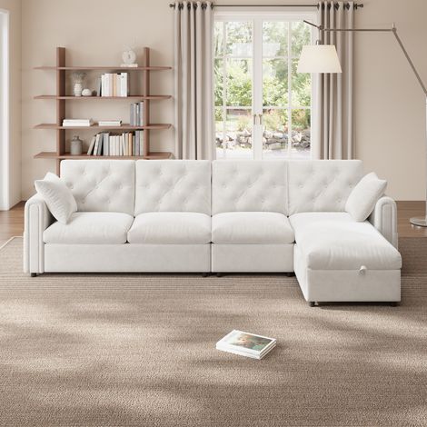 Canapé angle convertible réversible 281x132x86 cm 4 places avec coffre poches magazines dossier capitonné Velours Beige (1/5)