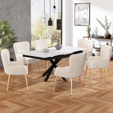 Beige Samt-Esstischstühle, 6er-Set, mit Armlehnen, goldfarbenen Metallbeinen OKMYHOME (1/5)