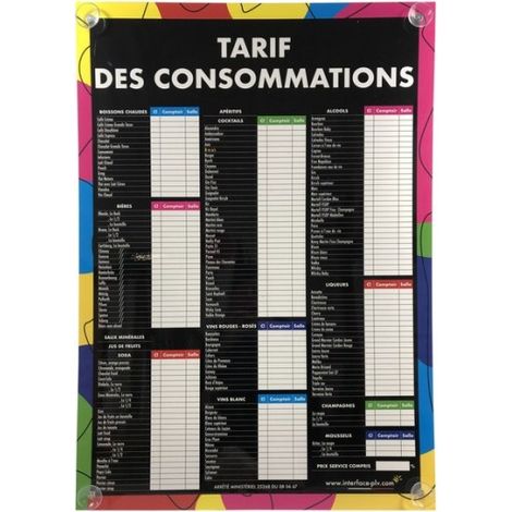 Panneau TARIF DES CONSOMMATIONS moderne format A1 avec fixation ventouses (1/3)