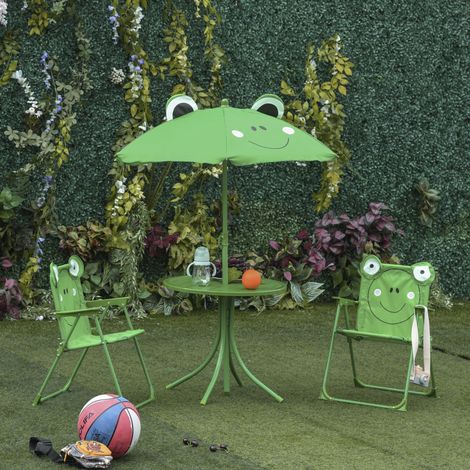 Gartentisch-Set mit 2 Klappstühlen, Outdoor-Tisch und Stühle mit Sonnenschirm für Kinder aus Metall und Polyester, Grün