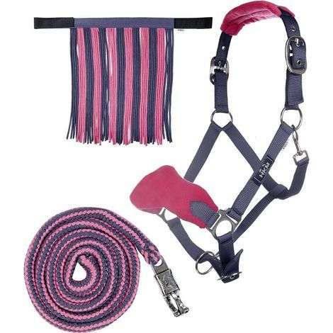 Pferdehalfter mit 1,80 m langem Seil, Anti-Panik-Karabinerhaken, Fliegenfransen, gepolstert, grau/rosa, für Ponys (1/3)
