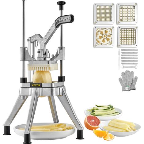 VEVOR Coupe-Frites Professionnel Manuel Coupe-Legumes Multifonction 4 Lames Inox 6,4/9,5/12,7 mm et Coupeur a 6 Quartiers Coupe Pomme de Terre Fruits en Batonnets Tranches pour Restaurant Cuisine