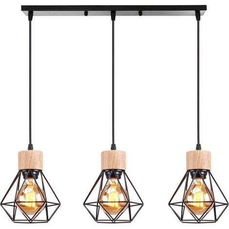Lustre Suspension Industriel Vintage 3 Lumière Interieur, Stoex Lampe en Bois et Métal Douille E27 Lampe Cage Diamant Rétro pour Salon, Chambre, Cuisine,Restaurant, E27, Noir