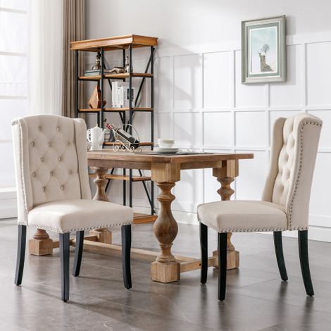 Chaises de salle à manger en velours (Lot de 2) — Pieds en chêne, capitonnage à boutons, anneaux de tirage chromés et finition cloutée — Idéales pour la chambre, la cuisine, le salon ou l'espace déten (1/4)