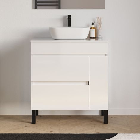 Meuble de salle de bain 80cm avec plateau et vasque à poser arrondie - porte et tiroirs - sans miroir - blanc brillant - LAZARO (1/5)