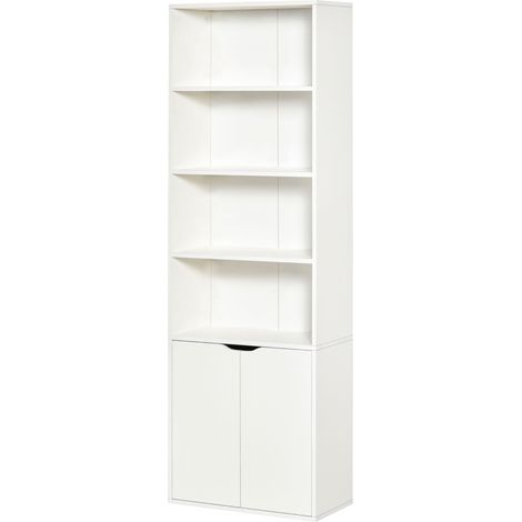 6-Tier Tall Bookcase, Bookshelf with 4 Open Shelves Double Door Storage Cabinet, Freestanding Display Rack for Living Room, Bedroom, Home Office, Study, 59 x 29 x 180cm, White (1/5)