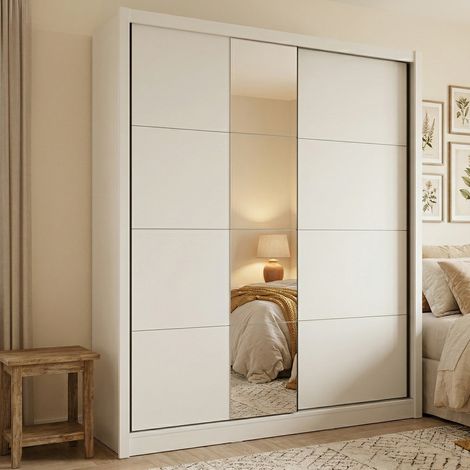Gran armario ropero, armario dormitorio con perchero, 5 estantes, 8 compartimentos, 205x216h cm blanco mate (1/5)