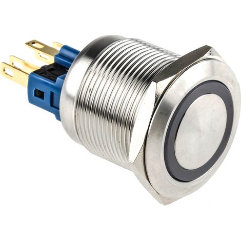 Bouton-poussoir, Verrouillable lumineux, LED Vert, Unipolaire à deux directions (1RT), 5 A @ 250 V c.a., Argent, ( Prix pour 1 ) (1/2)