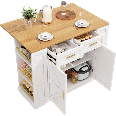 Carro de cocina con 2 cajones y estantes, encimera abatible extensible, en MDF, blanco (1/5)