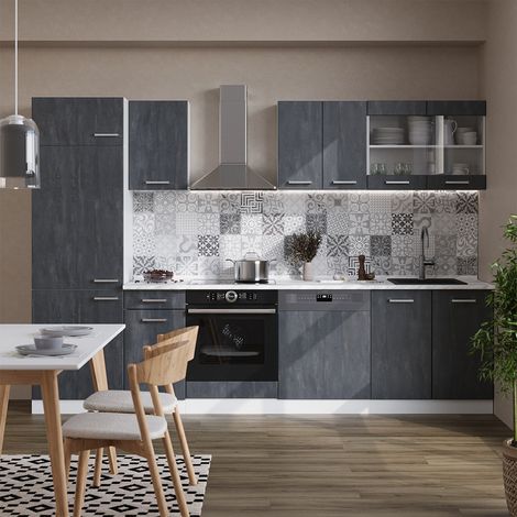Cuisine R-Line, noir béton/blanc, 300 cm sans plan de travail, Vicco