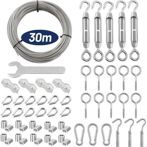 Lot de 59 câbles de 30 m en acier inoxydable 304 avec tendeur et œillets - pour l'escalade, les cordes en lin et les suspensions lumineuses. (1/5)