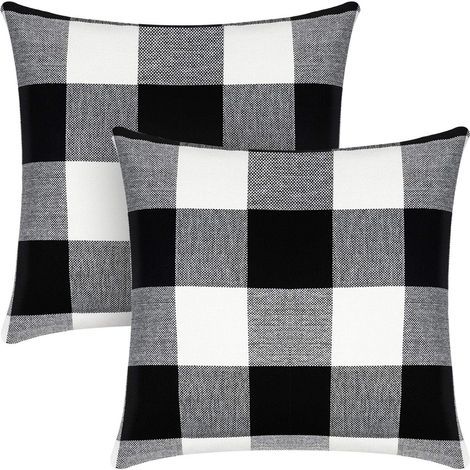 Housse De Coussin Carrée - Coton Linen - Motif Écossais Noir Et Blanc - 45 x 45 cm - Pour Canapé Lit Voiture Intérieur Extérieur - Lot De 2 (1/5)