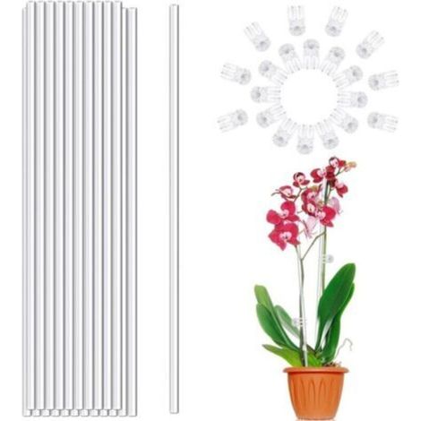 Tuteurs pour plantes, 20 pièces de 45,7 cm en acrylique transparent pour orchidées, tige unique, pour plantes d'intérieur et d'extérieur, orchidées, plantes en pot, tomates (avec 20 clips)