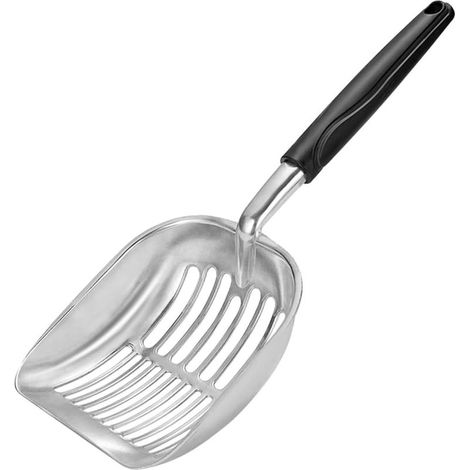 Pelle à litière pour chat avec long manche en alliage d'aluminium, tamis en métal, tamis pour déjections canines, pelle en maille, adaptée pour litière pour chat (noir) (1/5)