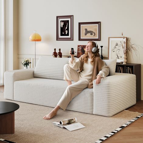 Sofá modular de 2 plazas de pana con asiento profundo, sin montaje, Blanco