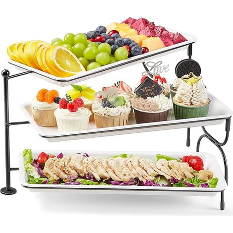 Serving Tray with 3 Plates, Removable Meal Tray, Large Rectangular Plastic Tray, 36 × 17 cm, Buffet Stand, Cake Stand, Fruit Basket, Black Metal Stand (1/5)