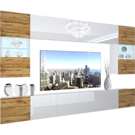 BELINI - Unité Murale TV NEX I Ensemble Muebles de Salon Complet I Ensemble Meuble TV avec Illumination LED I Dimensions: 300 x 180 x 36 cm I Coleur: chêne wotan/Blanc très Brillant