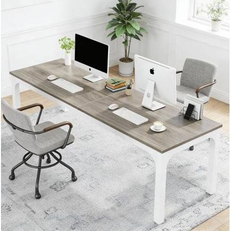 Bureau 200x70 cm 2 personnes métal bois taupe HAVRYA (1/5)