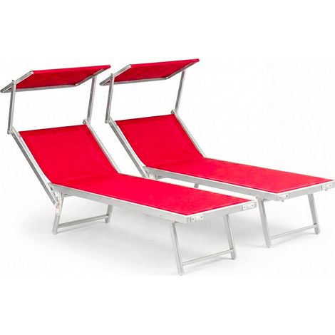 Coppia Lettini Prendisole Pieghevole Professionale Alluminio Tettuccio Orientabile Parasole Giardino Mare Piscina Spiaggia 182 x 60 x 38 Cm Rosso