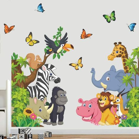 Stickers Mural Animaux de la Jungle Autocollants Muraux Animaux Forêt Stickers Muraux Oiseaux Papillons pour Chambre de Bébé Pépinière D'enfant Décoration Murale De La Maison (1/5)