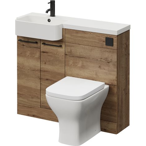 Napoli 250 Tobacco Oak 1000mm 2 Door Vanity Unit Toilet Suite with Left Hand Round Rico Semi Recessed Basin - 1000mm - Matt Black 160mm HandleWith Kingston Toilet Pan and Seat