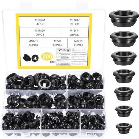 200 Pcs Passe Fil Caoutchouc, Passe-câbles Rondelle Caoutchouc, Passe Oeillets en Caoutchoucs, Joint Anneau Conducteur Électrique pour Protection de Câble Prise Fils(7 tailles, noir) (1/5)