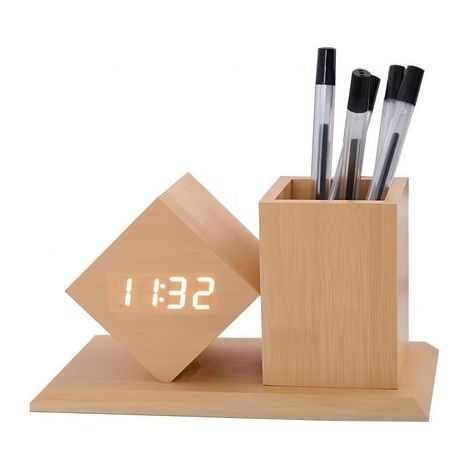 LED-Digitalwecker mit Temperatur- und Kalenderanzeige – 3 Helligkeitsstufen – akustische Aktivierung – Schreibtisch-Organizer mit Stifthalter (1/5)