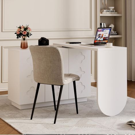 MODFU – Bureau d'angle pivotant 360° 110 cm MDF – 3 placards, étagères réglables et charnières douces – Plateau repliable – Bureau – Blanc (1/5)