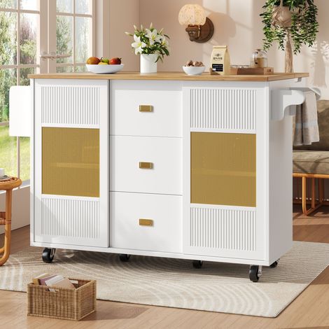 Îlot de cuisine blanc extensible avec roulettes, porte-serviettes, étagère à épices, rangement réglable (1/5)