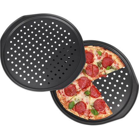 Lot de 2 plaques à pizza rondes en acier inoxydable perforées antiadhésives pour pizzas croustillantes, tartes flambées, pain et gâteaux (1/5)