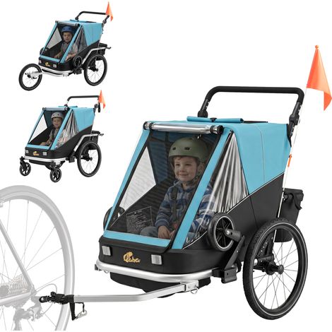 Fahrradanhänger für Kinder, 2-Sitzer, 2-in-1 faltbarer Kinderfahrradanhänger mit verstellbarem Sitz und Gurten, Blau (1/5)