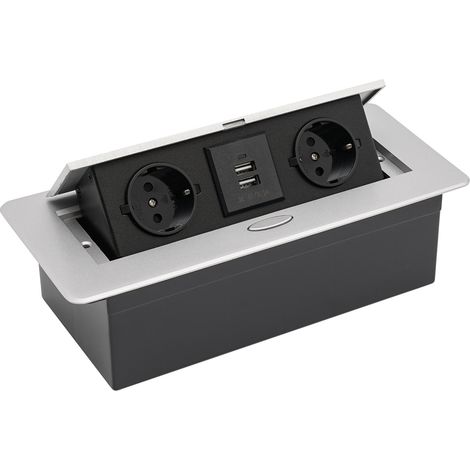 Prise encastrable escamotable pour bureau - 2 prises avec 2 ports USB - Plan de travail avec couvercle - Prise de meuble pliable pour cuisine, bureau, établi (argenté) (1/5)
