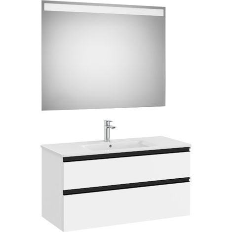 Pack meuble "The Gap" 1000 - 2 tiroirs + lavabo slim + miroir LED - centré blanc mat/poignées noires - Roca (1/2)