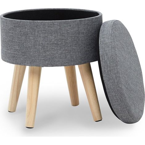 MINKUROW Poggiapiedi Rotondo Pouf Sgabello Contenitore Sgabelli In Tessuto Di Lino Con Coperchio Basso Design Soggiorno Gambe In Legno Massello Grigio (1/5)