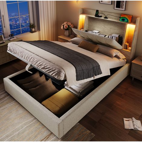 Letto imbottito in lino beige 90x200 cm con contenitore, LED, USB e Type-C (1/5)
