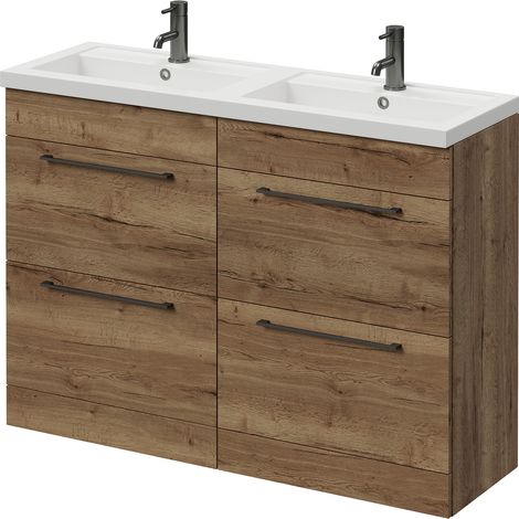 Napoli 390 Tobacco Oak 1200mm 4 Drawer Vanity Unit with Double Lucia Basins - 1200mm - Gunmetal Grey 320mm Handle
