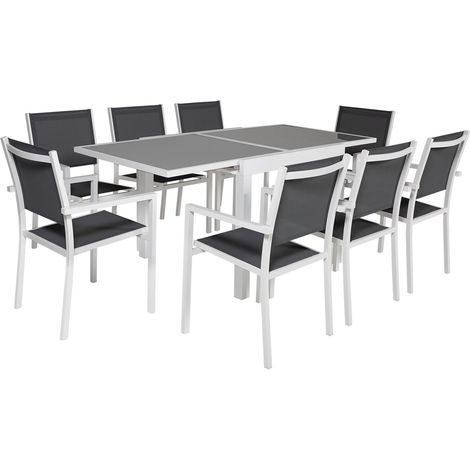 Happy Garden – Salon de jardin extensible 8 places en textilène gris – Structure aluminium blanche – Table L 90/180 × l 90 × H 75 cm (1/5)